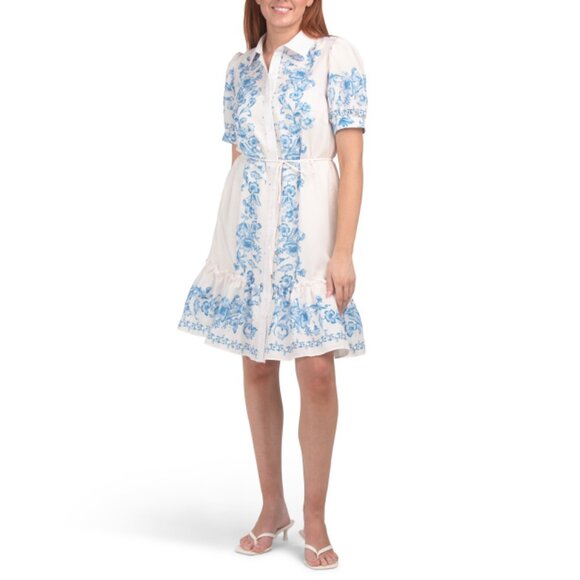 JULIA JORDAN Ivory/blue Short Sleeve Floral Border Flounce Hem Mini Shirt Dress - Picture 1 of 2